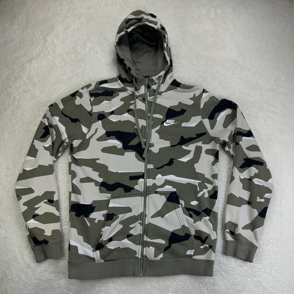 Nike Camo‎ Full Zip Hoodie Mens M Green Sportswear Club Fleece Outdoor "Read"